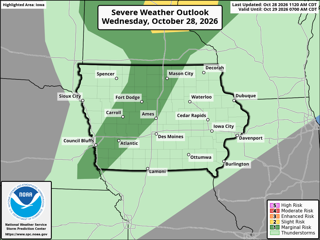 Original SPC partner Day 1 outlook map for Iowa, including its printed dates and legend.