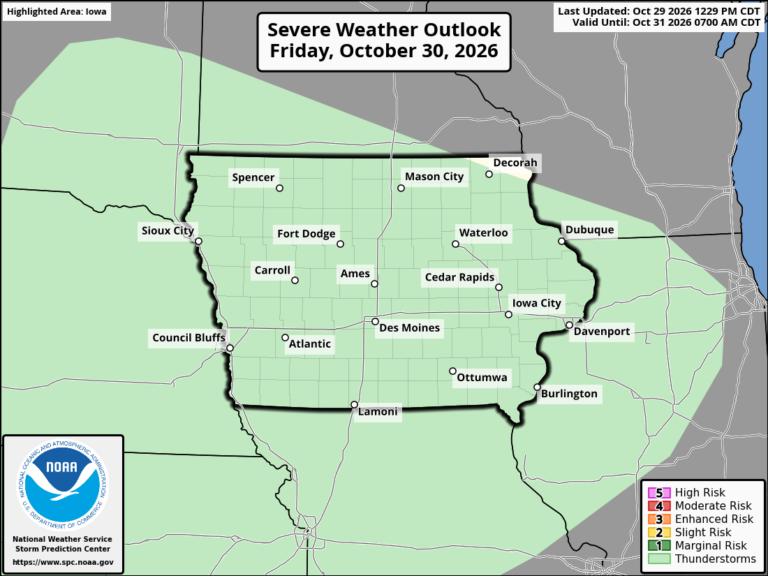 Original SPC partner Day 2 outlook map for Iowa, including its printed dates and legend. State context for Burlington.
