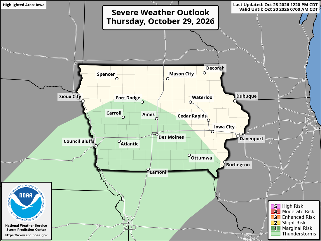 Original SPC partner Day 2 outlook map for Iowa, including its printed dates and legend.
