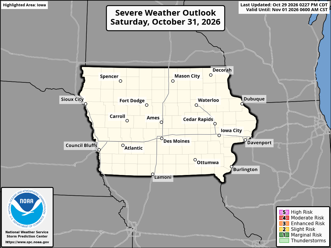 Original SPC partner Day 3 outlook map for Iowa, including its printed dates and legend. State context for Burlington.