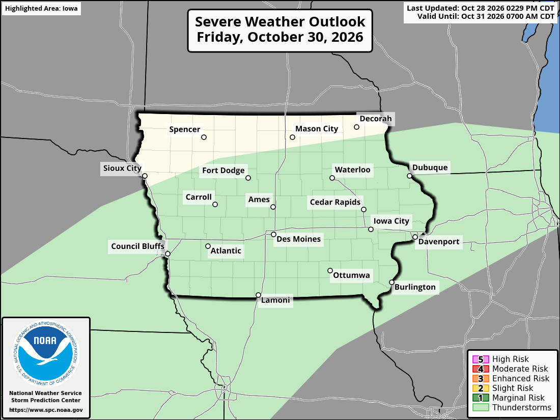 Original SPC partner Day 3 outlook map for Iowa, including its printed dates and legend.