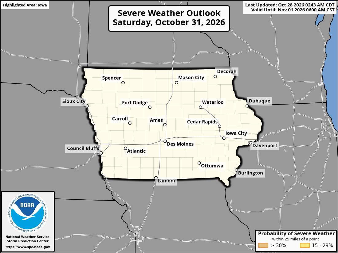 Original SPC partner Day 4 outlook map for Iowa, including its printed dates and legend.