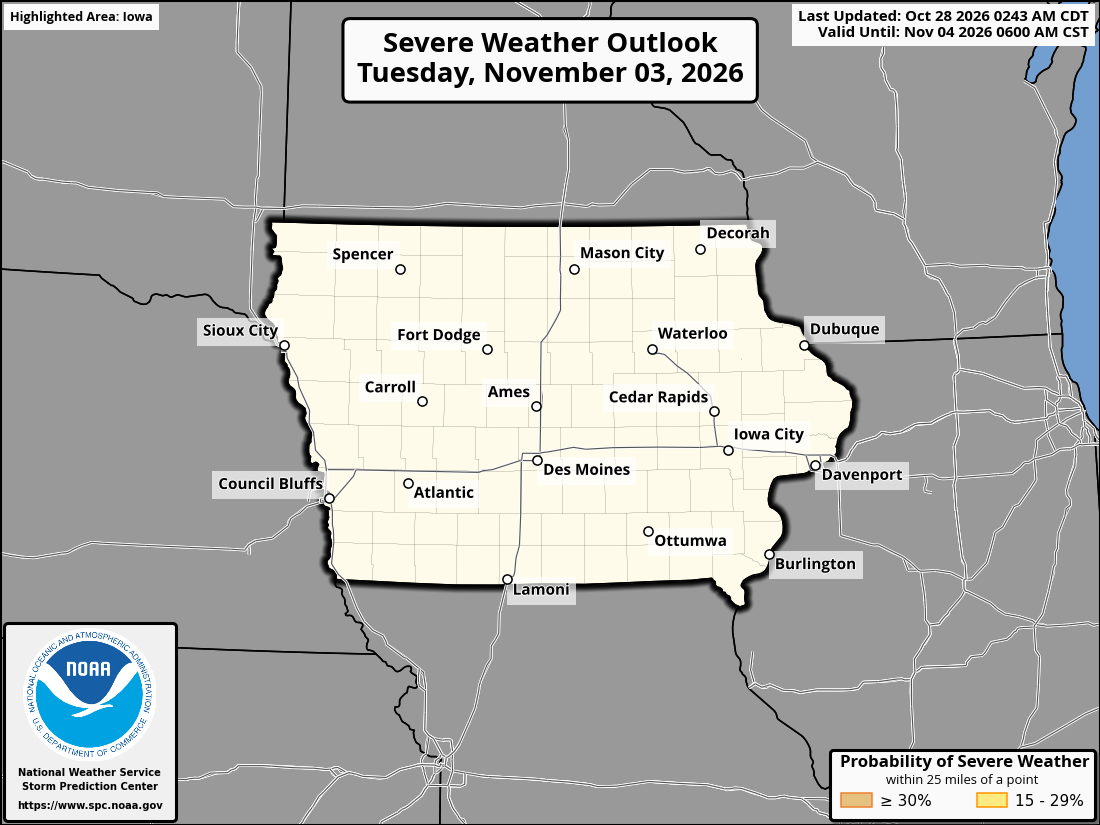 Original SPC partner Day 7 outlook map for Iowa, including its printed dates and legend.