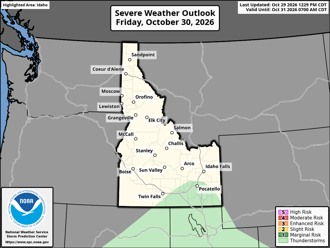 Original SPC partner Day 2 outlook map for Idaho, including its printed dates and legend. State context for Meridian.