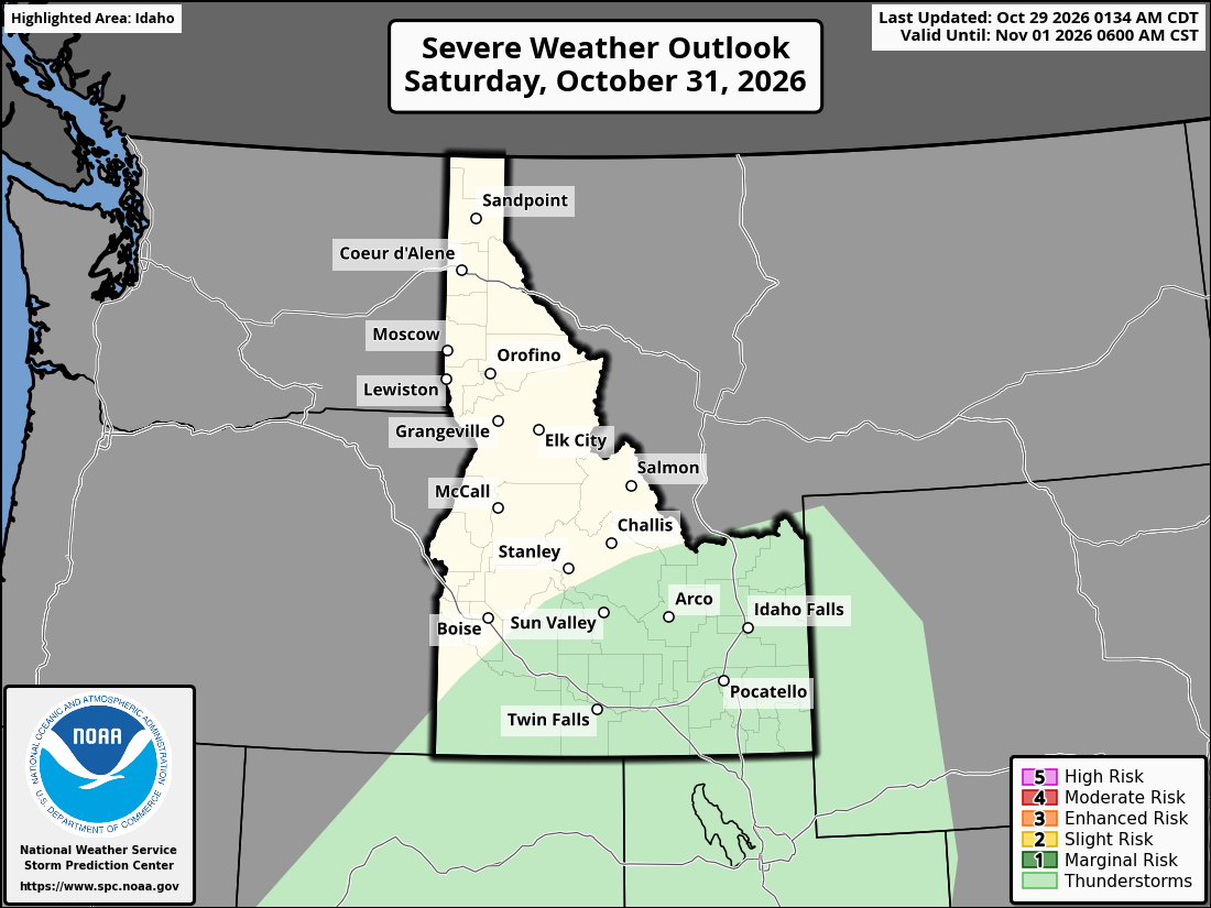 Original SPC partner Day 3 outlook map for Idaho, including its printed dates and legend. State context for Coeur d'Alene.