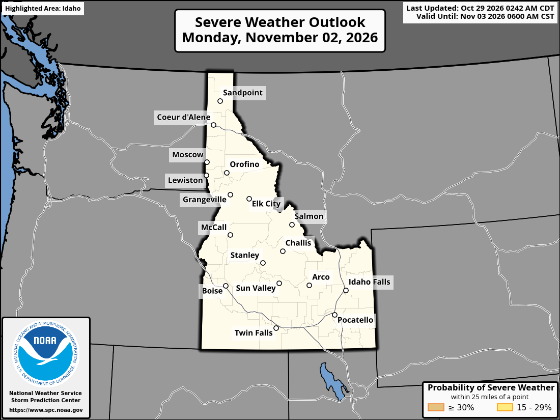 Original SPC partner Day 5 outlook map for Idaho, including its printed dates and legend. State context for Coeur d'Alene.