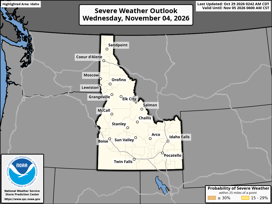 Original SPC partner Day 7 outlook map for Idaho, including its printed dates and legend. State context for Coeur d'Alene.