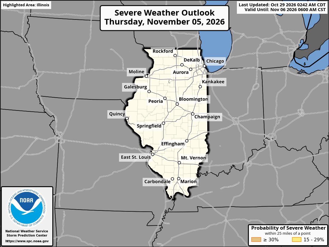Original SPC partner Day 8 outlook map for Illinois, including its printed dates and legend. State context for Rockford.