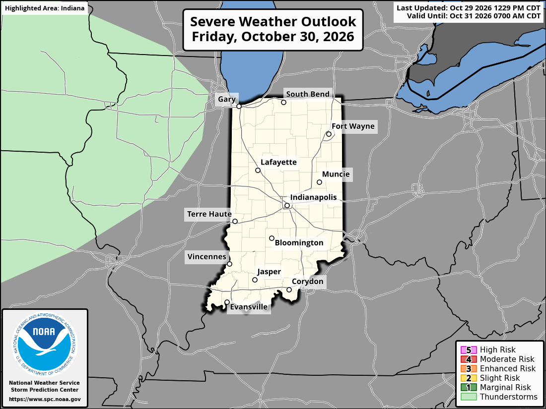 Original SPC partner Day 2 outlook map for Indiana, including its printed dates and legend. State context for Evansville.