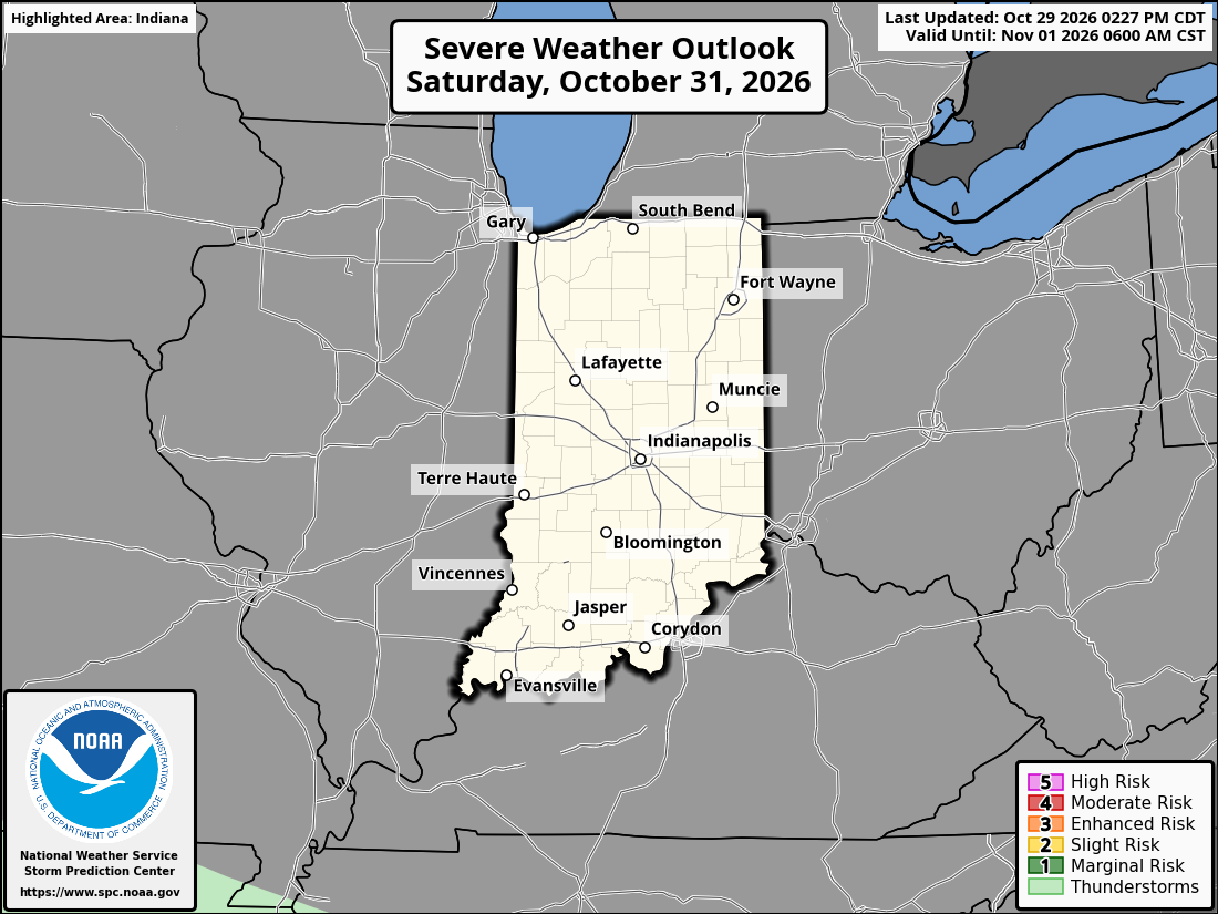 Original SPC partner Day 3 outlook map for Indiana, including its printed dates and legend. State context for Evansville.