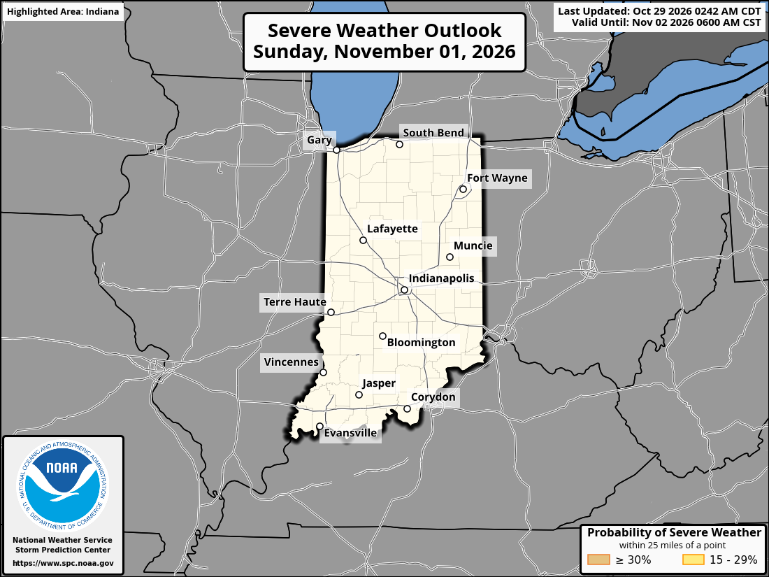 Original SPC partner Day 4 outlook map for Indiana, including its printed dates and legend. State context for Evansville.