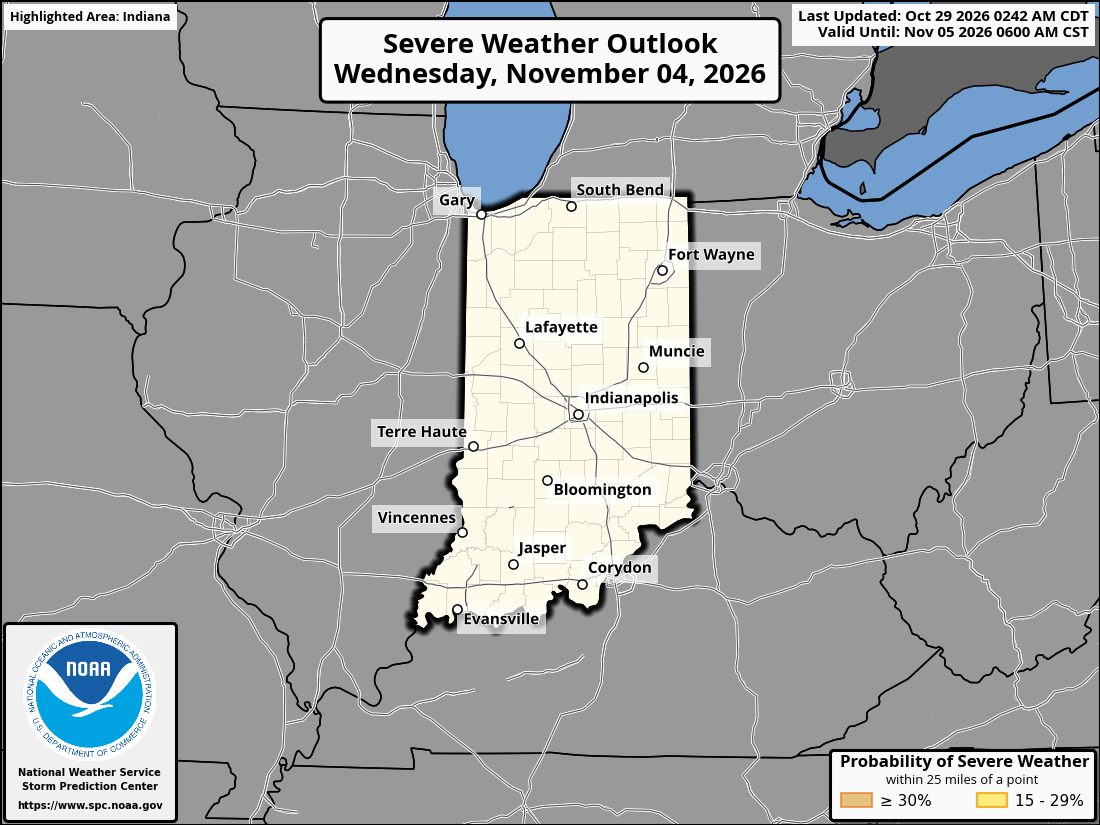 Original SPC partner Day 7 outlook map for Indiana, including its printed dates and legend. State context for Evansville.