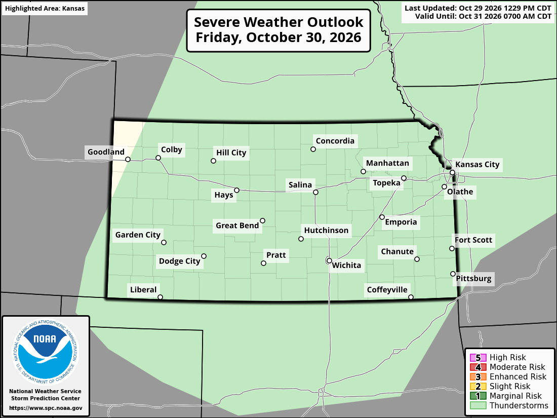 Original SPC partner Day 2 outlook map for Kansas, including its printed dates and legend. State context for Burlington.
