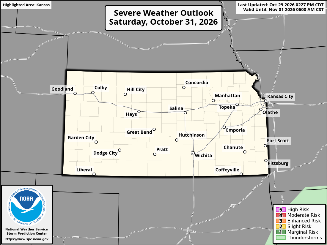 Original SPC partner Day 3 outlook map for Kansas, including its printed dates and legend. State context for Burlington.