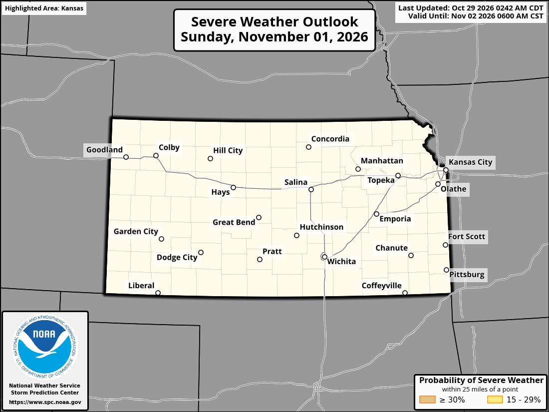 Original SPC partner Day 4 outlook map for Kansas, including its printed dates and legend. State context for Burlington.