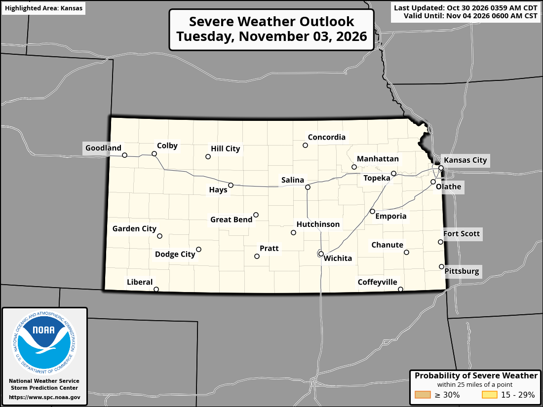 Original SPC partner Day 5 outlook map for Kansas, including its printed dates and legend.