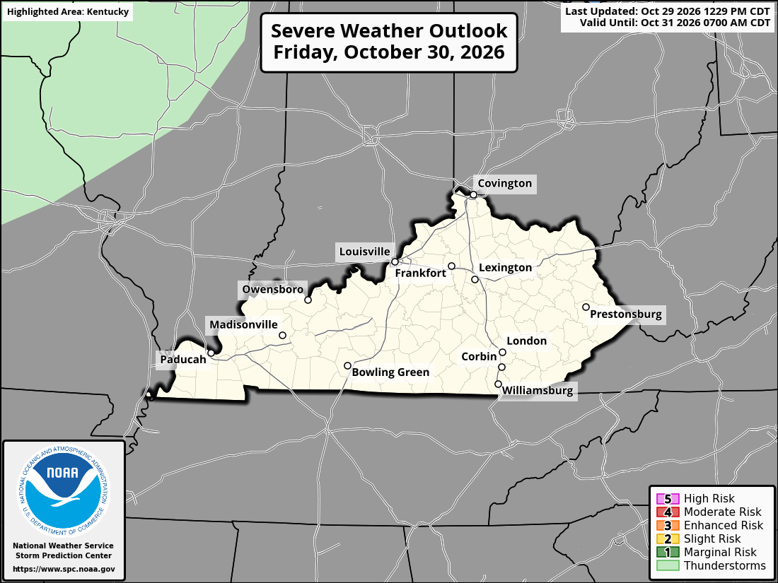 Original SPC partner Day 2 outlook map for Kentucky, including its printed dates and legend. State context for Bowling Green.