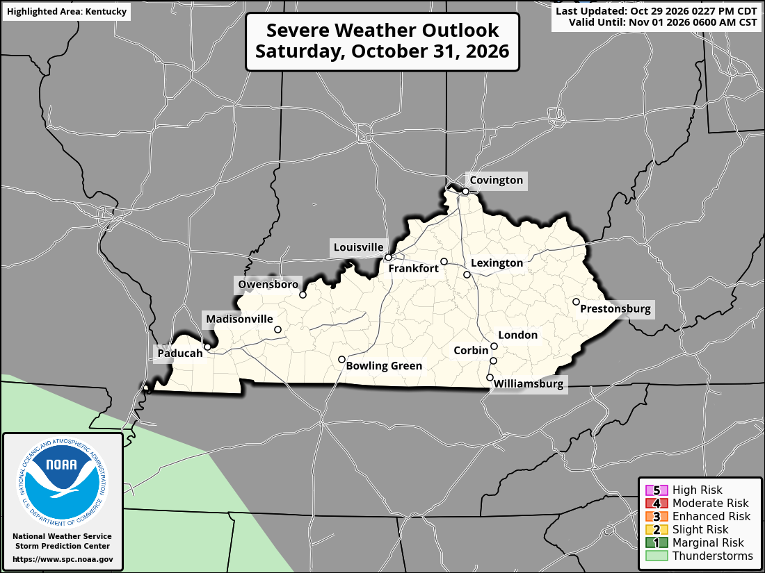 Original SPC partner Day 3 outlook map for Kentucky, including its printed dates and legend. State context for Bowling Green.
