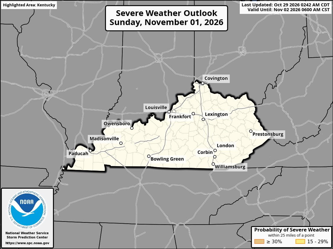 Original SPC partner Day 4 outlook map for Kentucky, including its printed dates and legend. State context for Bowling Green.