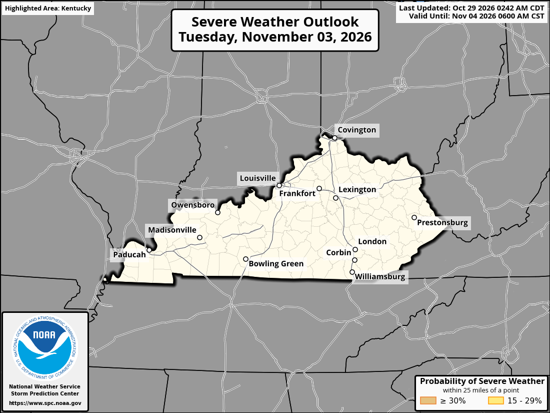 Original SPC partner Day 6 outlook map for Kentucky, including its printed dates and legend. State context for Bowling Green.