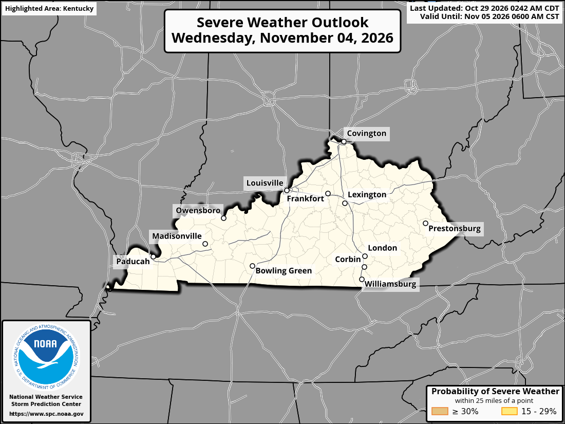 Original SPC partner Day 7 outlook map for Kentucky, including its printed dates and legend. State context for Bowling Green.