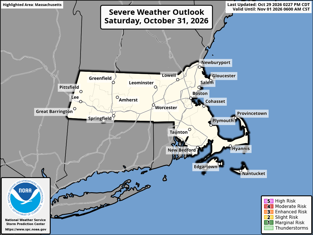 Original SPC partner Day 3 outlook map for Massachusetts, including its printed dates and legend. State context for Leominster.