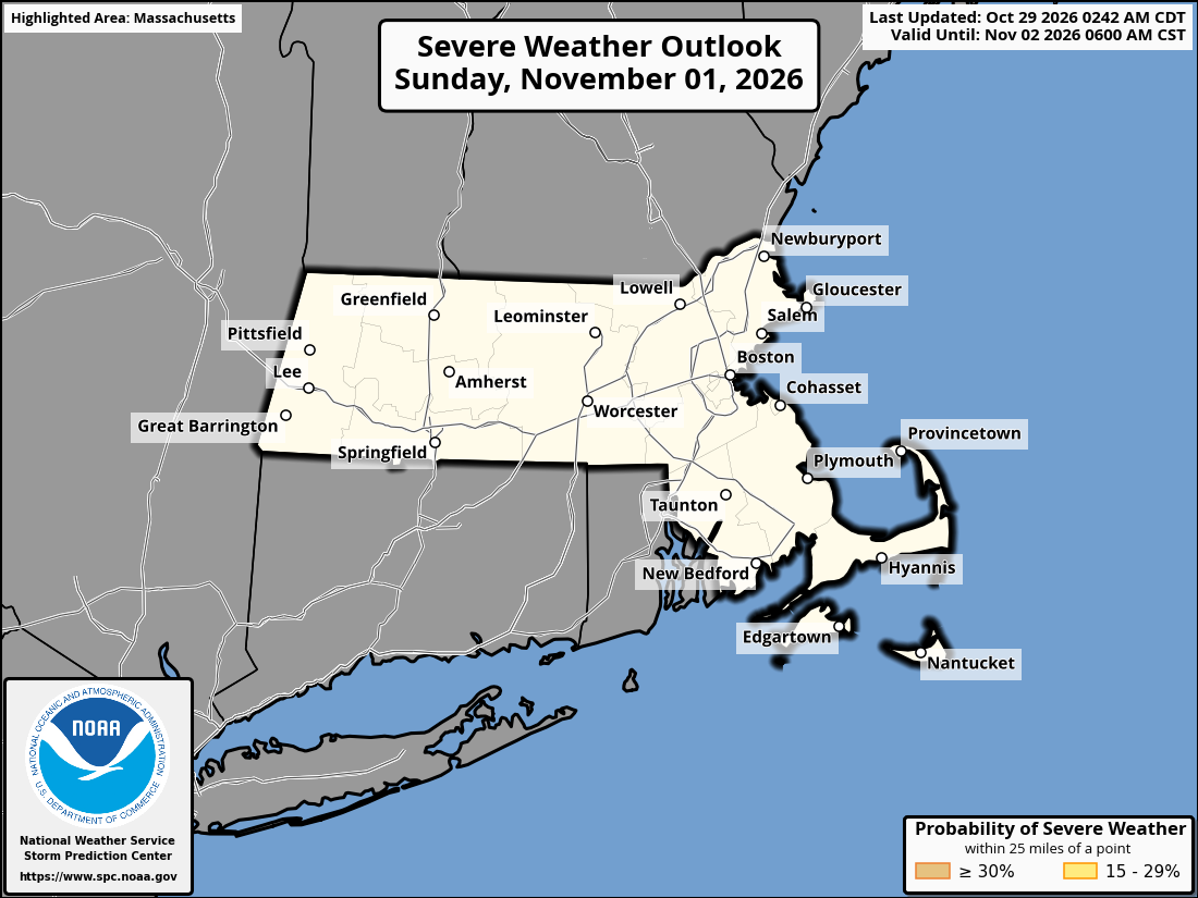 Original SPC partner Day 4 outlook map for Massachusetts, including its printed dates and legend. State context for Leominster.