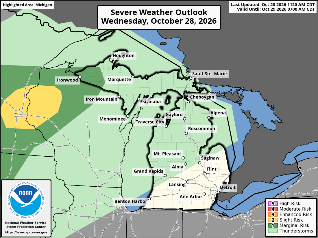 Original SPC partner Day 1 outlook map for Michigan, including its printed dates and legend.