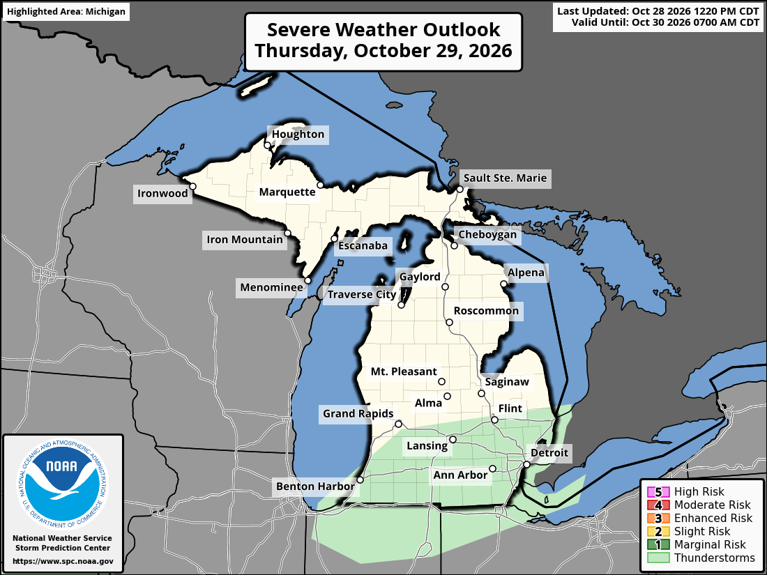 Original SPC partner Day 2 outlook map for Michigan, including its printed dates and legend.