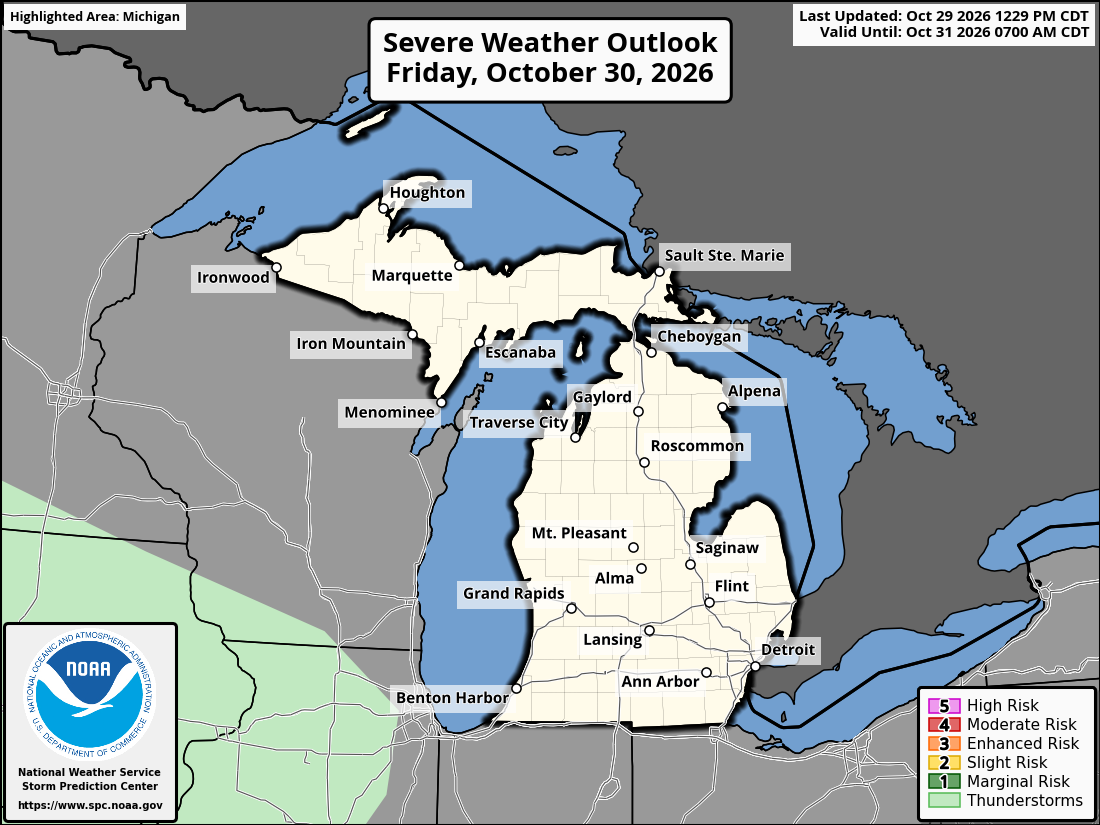 Original SPC partner Day 2 outlook map for Michigan, including its printed dates and legend. State context for Saginaw.