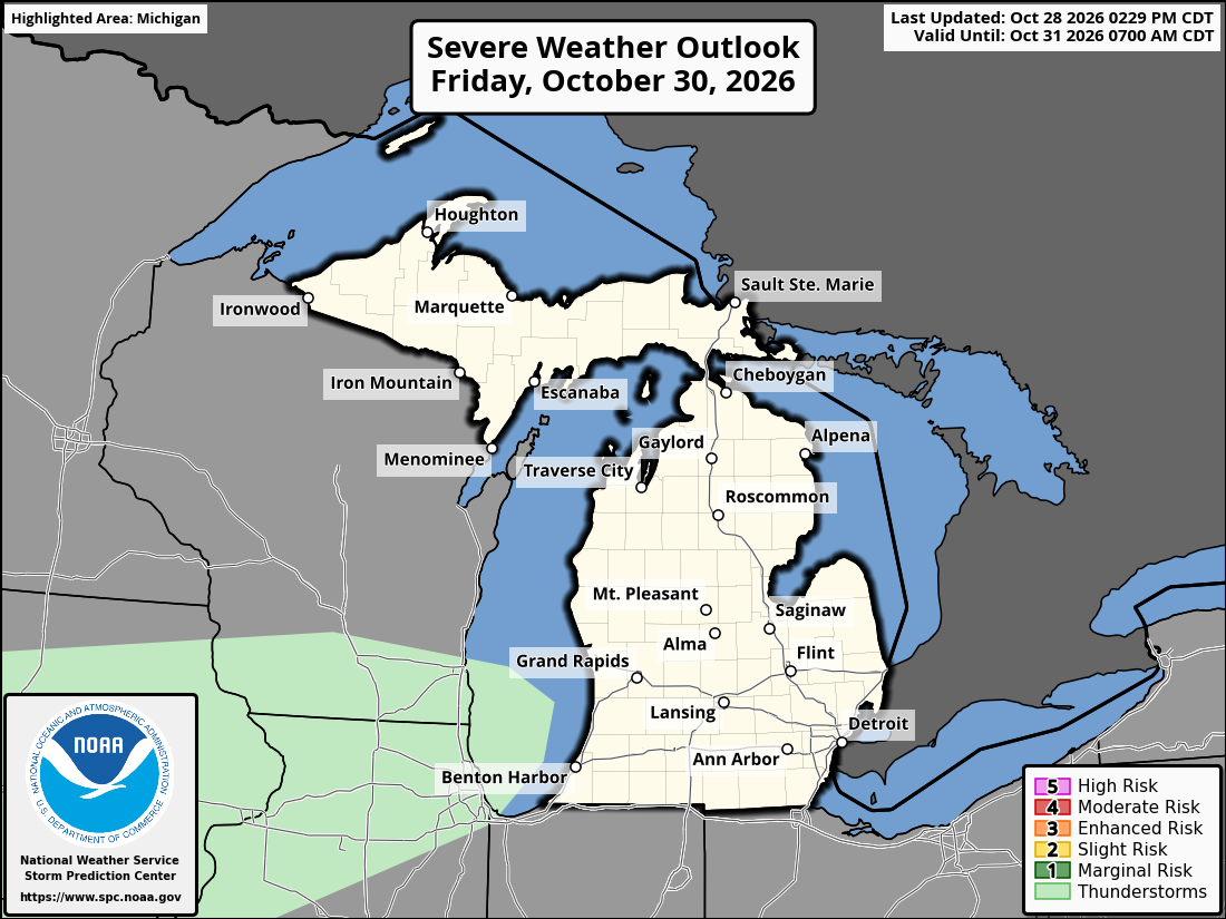 Original SPC partner Day 3 outlook map for Michigan, including its printed dates and legend.
