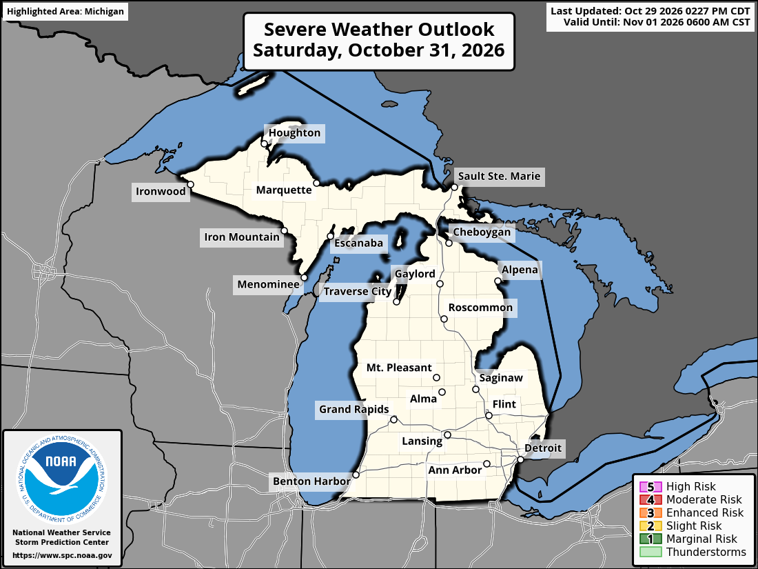 Original SPC partner Day 3 outlook map for Michigan, including its printed dates and legend. State context for Saginaw.