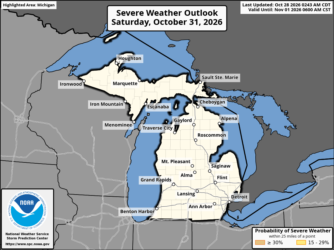 Original SPC partner Day 4 outlook map for Michigan, including its printed dates and legend.