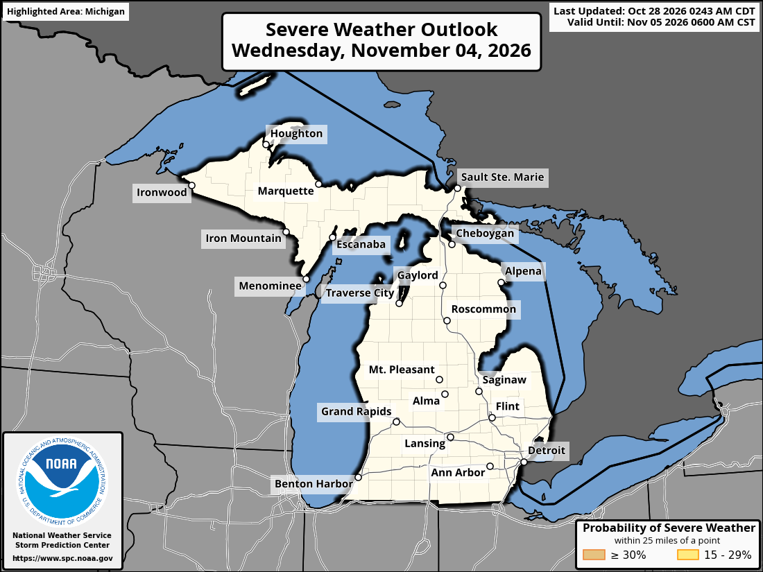 Original SPC partner Day 8 outlook map for Michigan, including its printed dates and legend.