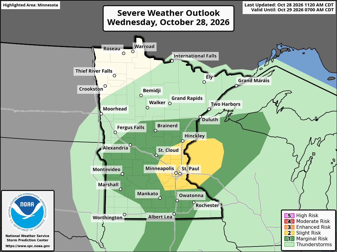Original SPC partner Day 1 outlook map for Minnesota, including its printed dates and legend.