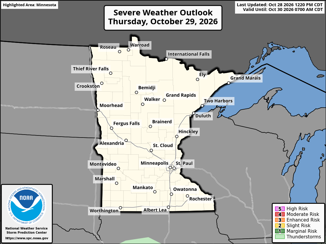Original SPC partner Day 2 outlook map for Minnesota, including its printed dates and legend.