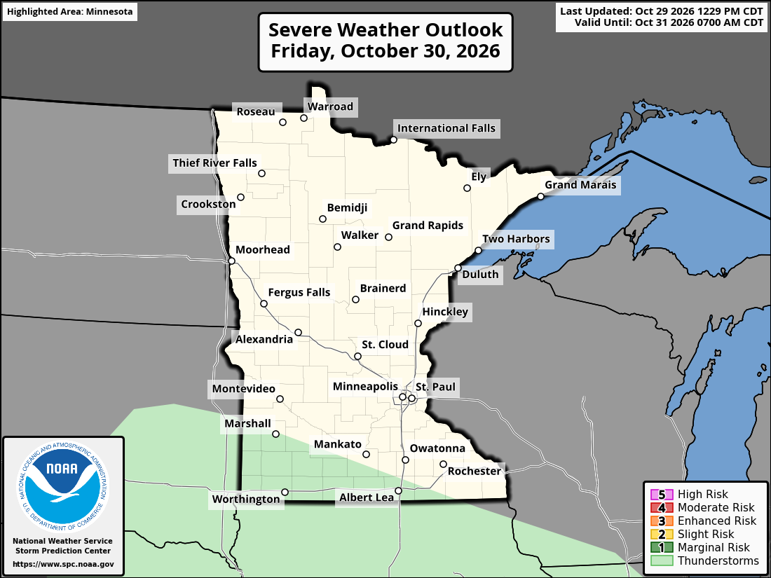 Original SPC partner Day 2 outlook map for Minnesota, including its printed dates and legend. State context for St. Paul.