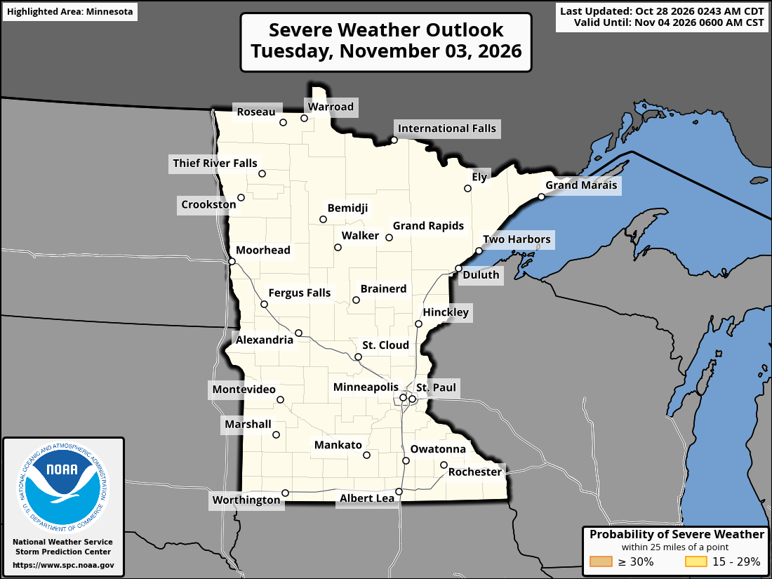 Original SPC partner Day 7 outlook map for Minnesota, including its printed dates and legend.