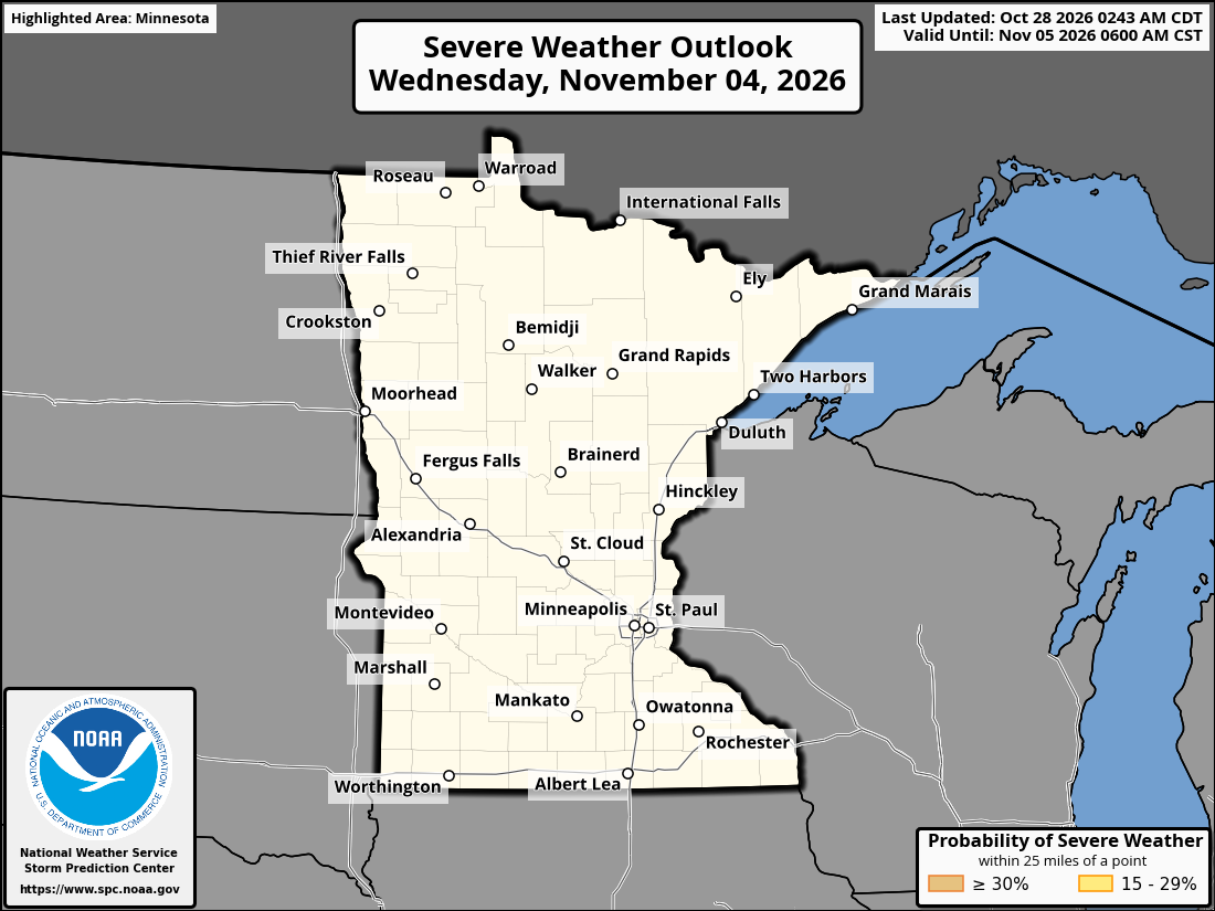 Original SPC partner Day 8 outlook map for Minnesota, including its printed dates and legend.
