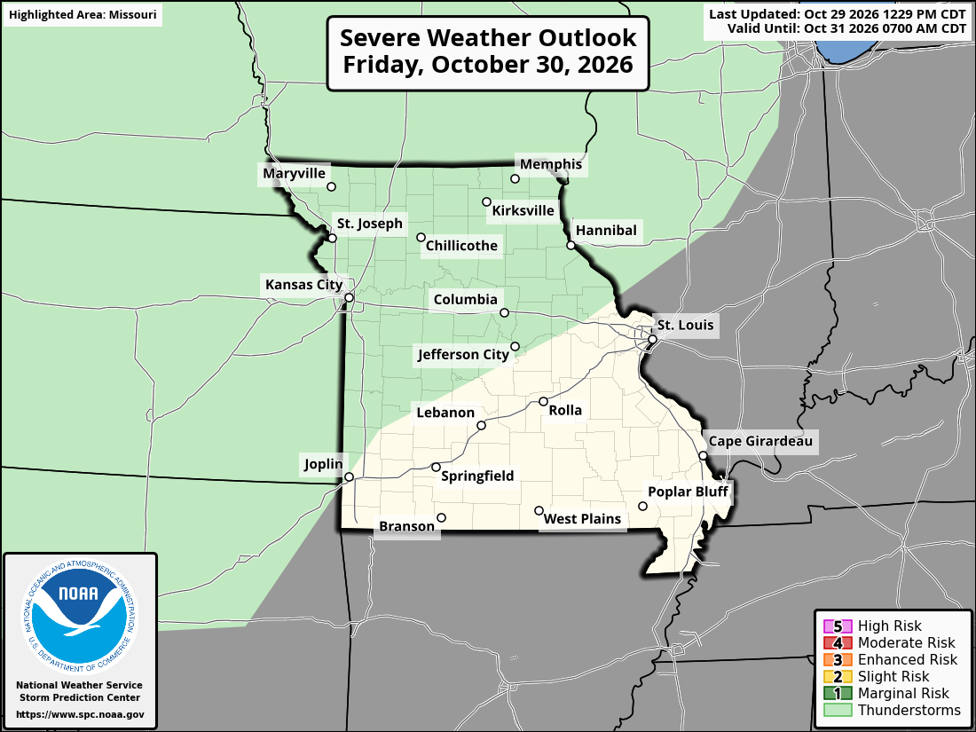Original SPC partner Day 2 outlook map for Missouri, including its printed dates and legend. State context for St. Peters.