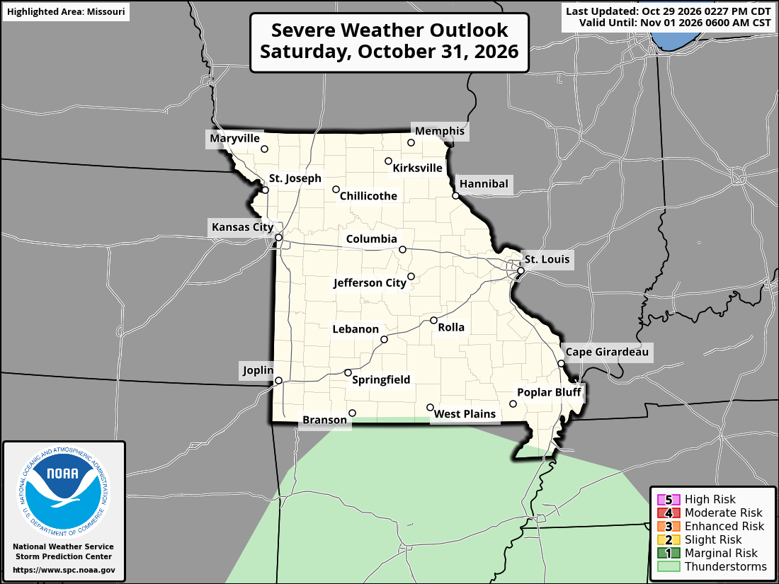 Original SPC partner Day 3 outlook map for Missouri, including its printed dates and legend. State context for St. Peters.