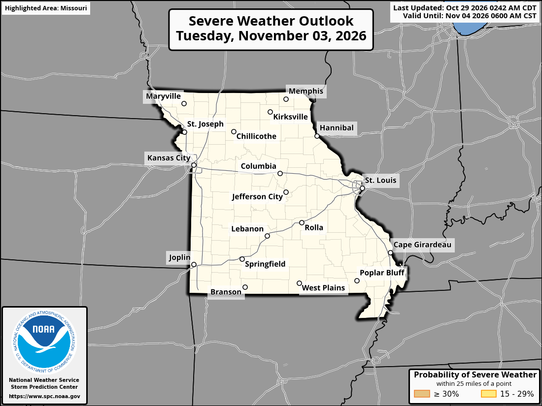 Original SPC partner Day 6 outlook map for Missouri, including its printed dates and legend. State context for St. Peters.