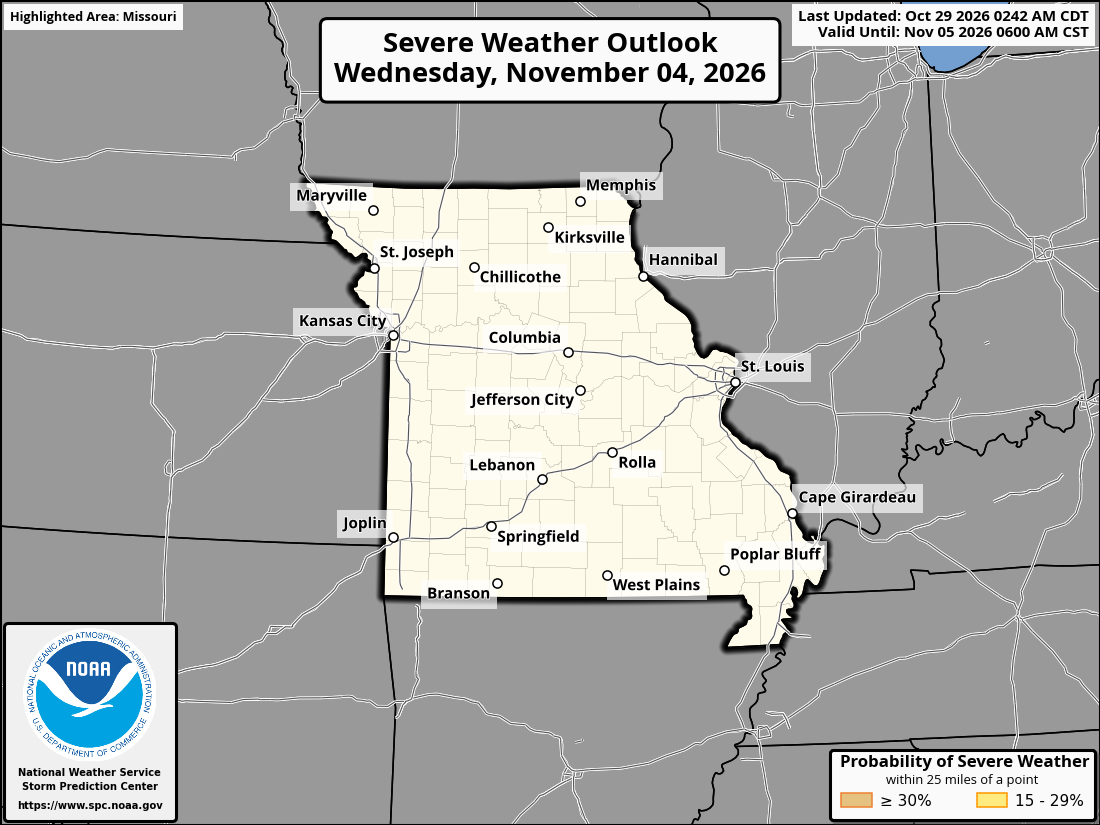 Original SPC partner Day 7 outlook map for Missouri, including its printed dates and legend. State context for St. Peters.