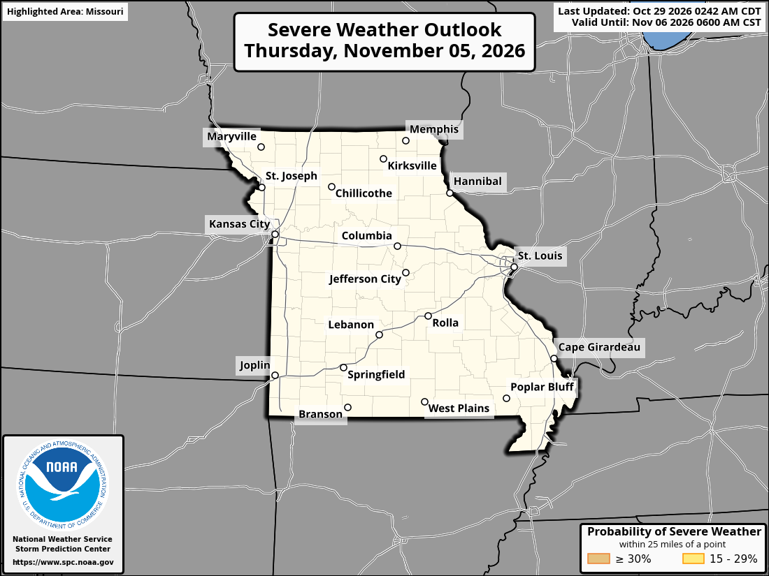 Original SPC partner Day 8 outlook map for Missouri, including its printed dates and legend. State context for St. Peters.