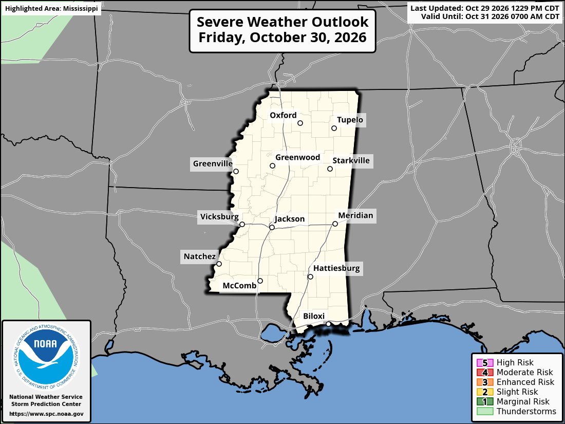Original SPC partner Day 2 outlook map for Mississippi, including its printed dates and legend. State context for Gulfport.