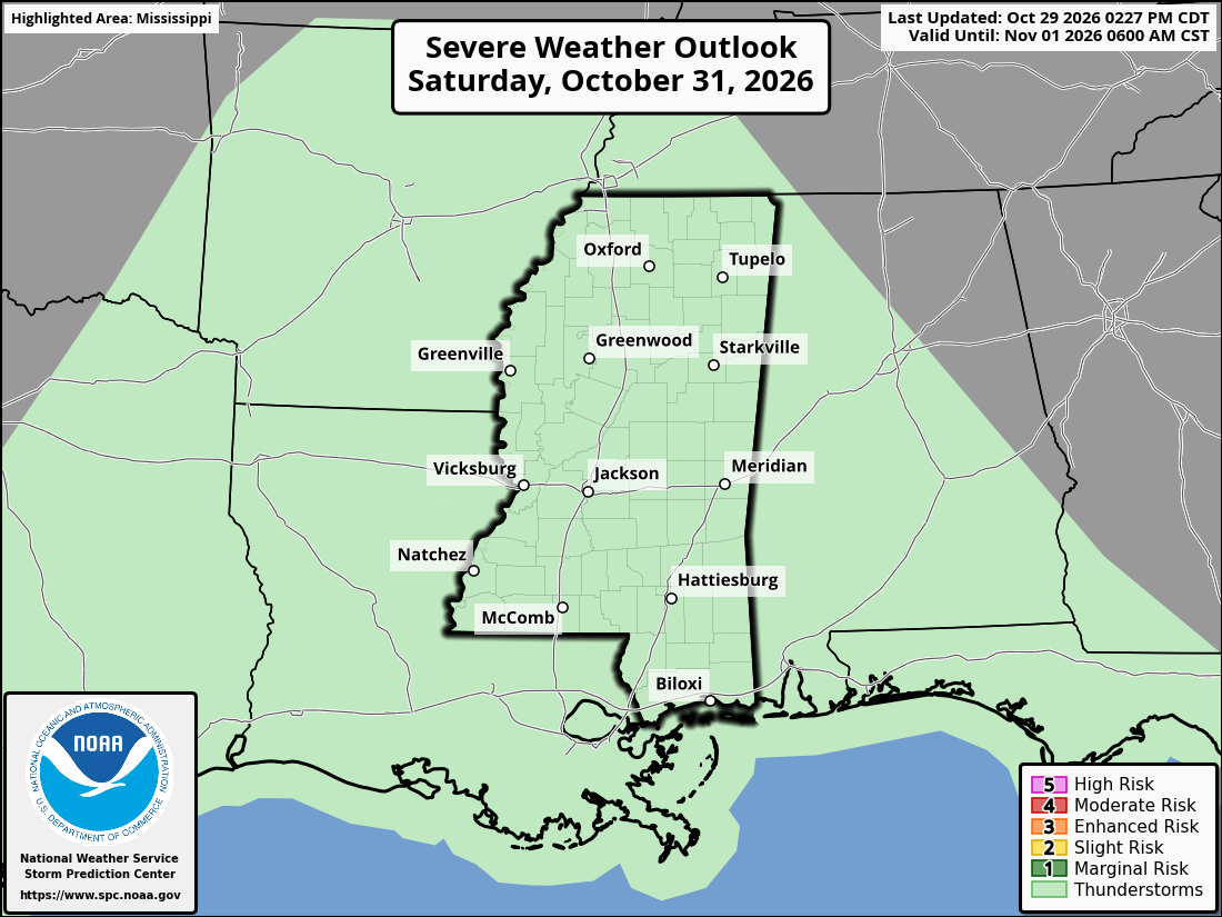 Original SPC partner Day 3 outlook map for Mississippi, including its printed dates and legend. State context for Gulfport.