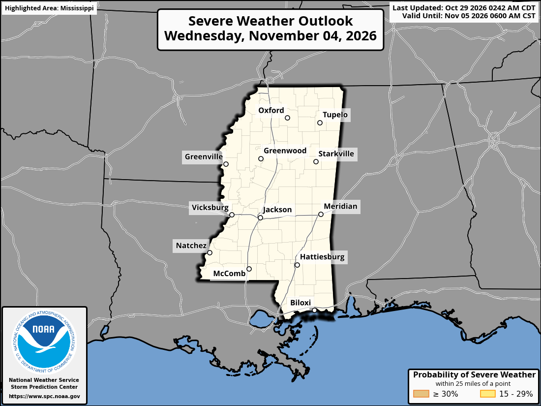 Original SPC partner Day 7 outlook map for Mississippi, including its printed dates and legend. State context for Gulfport.