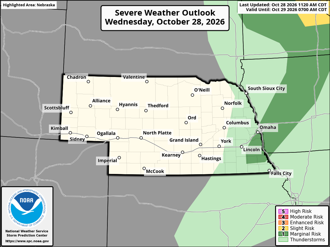 Original SPC partner Day 1 outlook map for Nebraska, including its printed dates and legend.