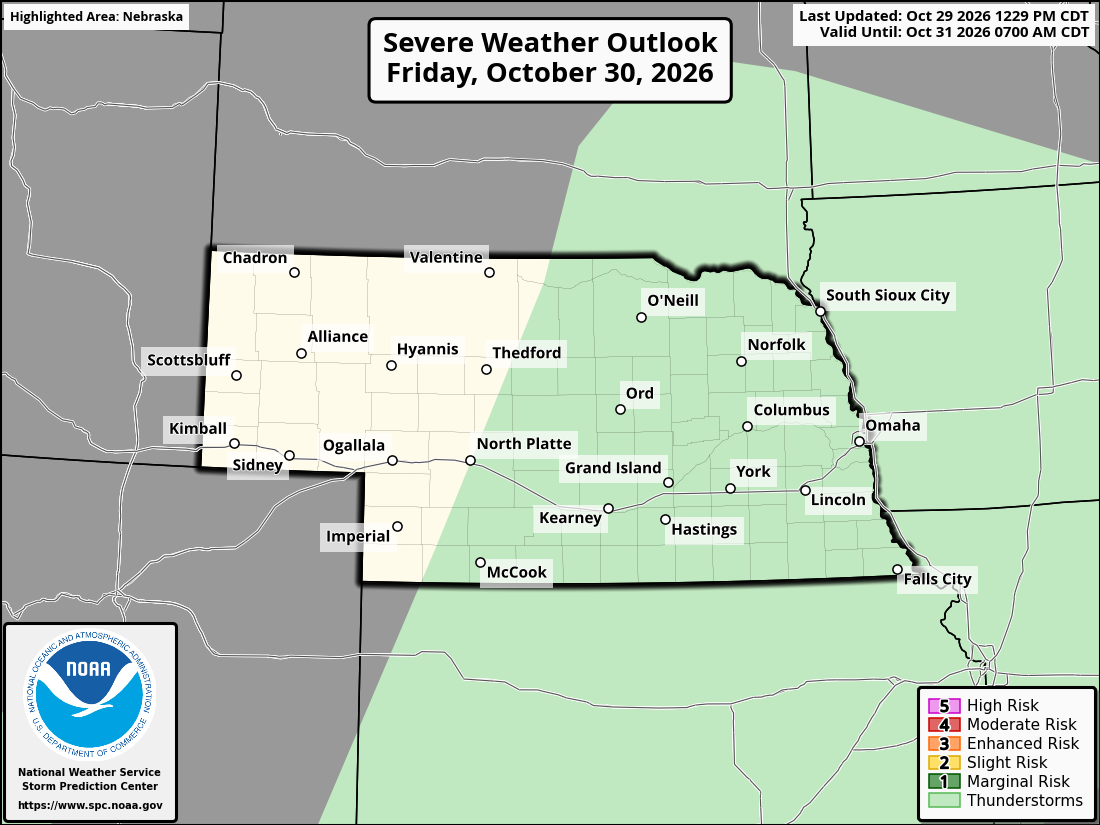 Original SPC partner Day 2 outlook map for Nebraska, including its printed dates and legend. State context for Hastings.