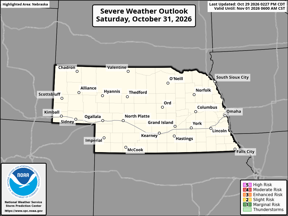 Original SPC partner Day 3 outlook map for Nebraska, including its printed dates and legend. State context for Hastings.